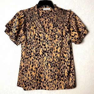 JON & ANNA Leopard print brown black short sleeve ruffle detail blouse top